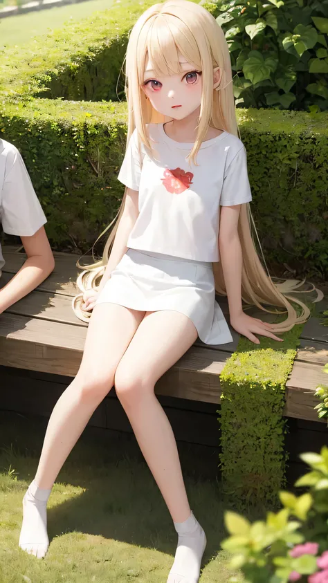 I&#39;m 11 years old、blonde、medium long hair、red eyes、two cute girls、alone、and soul、white t-shirt、mini skirt、white panties、透き通るwhite skin、white skin、beautiful skin、beautiful feet、slim legs、garden、sit on top