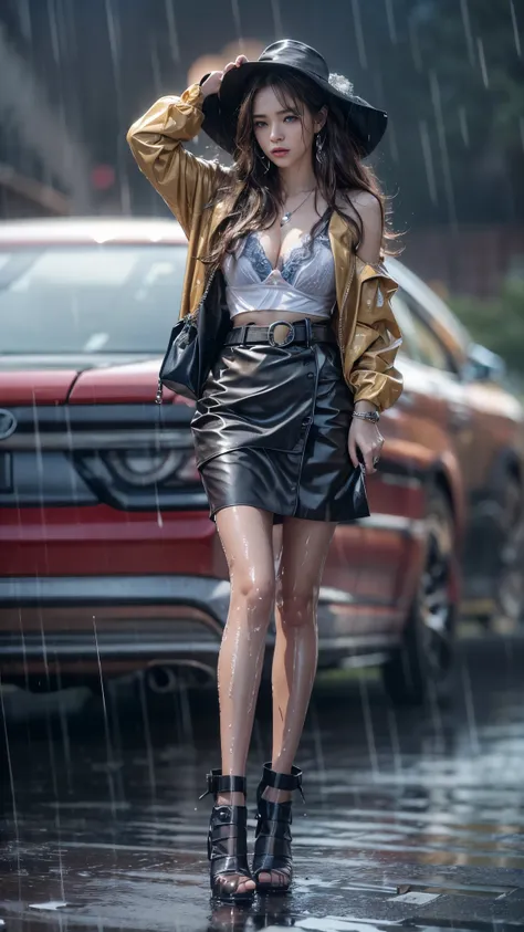 (RAW shooting, Photoreal:1.5, 8K, highest quality, masterpiece, ultra high resolution), perfect dynamic composition:1.2, Night street corner of a modern city, expression of sadness:0.5, (((Typhoon heavy rain))), Highly detailed skin and facial textures:1.2...