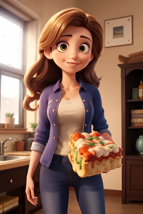 uma mulher jovem sozinha, com o cabelo preso, holding a tasty lasagna in one hand