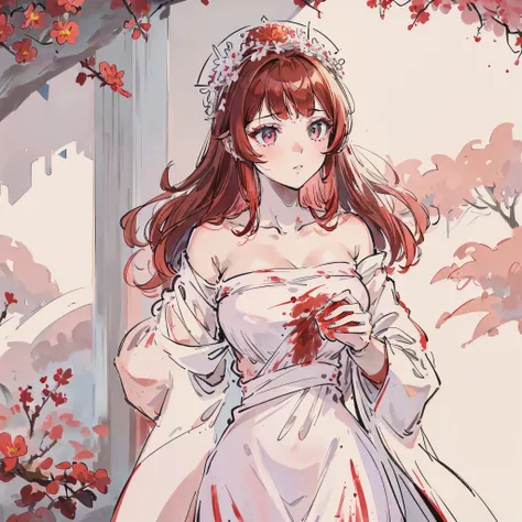 Virtuous person, Hair color is reddish brown, Mimosa color eyes, pinkish white skin, wearing a white dress stained with red blood, surrounded by a blood cloak, anime girl, medieval, Wear a mimosa flower crown