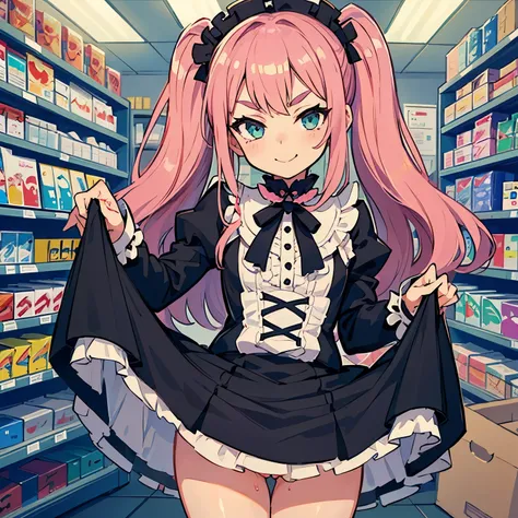 Girl with pink hair, long double-tailed hairstyle, small bushy eyebrows, wearing gothic lolita clothing, lolicon (Zankuro) drawing style by zankuro artist, Zancrow style, image uploaded in R34, buying condoms, flirty smile, in a pharmacy lifting her skirt ...