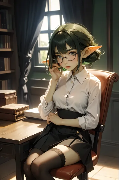 ((best quality)), ((masterpiece)), (detailed), perfect face, very small girl wearing white button down shirt and black skirt, green skin, pointy ears, wearing black thigh high stockings, and black pumps, very shy, sitting in an office chair, dark room with...