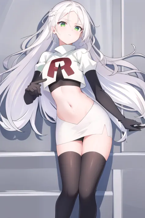 masterpiece, best quality,solo,white hair, green eyes,long hair, team rocket,team rocket uniform, red letter R, white skirt,white crop top,black thigh-highs,black elbow gloves