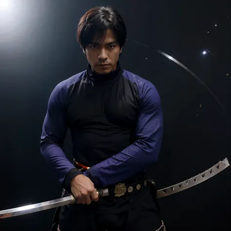 Desenhe um homem da pele preta, forte, usando uma yutaka e usando uma katana, behind him a blue galaxy, preto e roxo