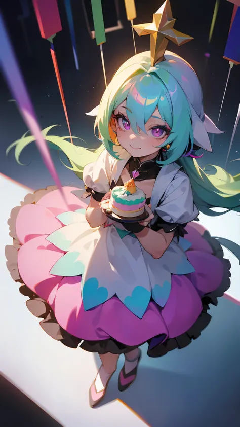 1girl,full body,Esbian,rainbow hair,hair between eye,tiarra,diamond-shaped pupils,makeup,smiley,anime styled,Iridescent dresses,F/1.8,From above,god statue,birthday celebration, holding Birthday Cake