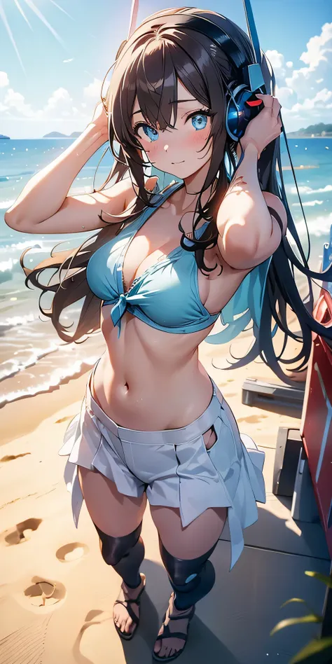 all inticate details: "(cowboy shot, full body, miku nakano, miku nakano, long hair, bangs, blue eyes, brown hair, hair between eyes, headphones, headphones around neck, nakano miku, firm breasts, medium breasts
BREAK bikini,
BREAK outdoors, beach,
BREAK l...