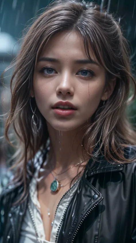 (RAW shooting, Photoreal:1.5, 8K, highest quality, masterpiece, ultra high resolution), perfect dynamic composition:1.2, Night street corner of a modern city, expression of sadness:0.5, (((Typhoon heavy rain))), Highly detailed skin and facial textures:1.2...