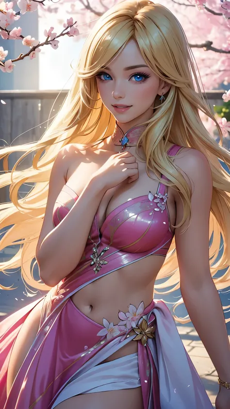 (best quality,ultra-detailed,photo-realistic:1.37),bright and vibrant colors,studio lighting,playful expression,stylish makeup,long blonde hair flowing in the wind,alluring eyes,glossy lips,sexy pose, Cherry Blossom, smiling in a confident and seductive wa...