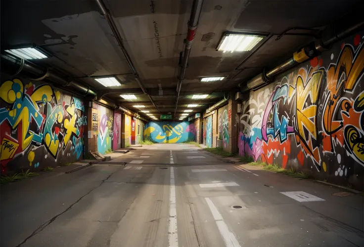 graffiti covered walls in a tunnel with lights and a skateboard, graffiti in an abandoned bunker, urban exploration, underground...