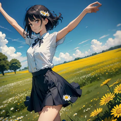 Woman wearing a skirt and a small top in a field of daisy flowers dancing happy