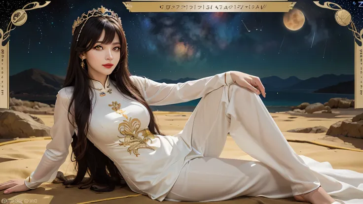 1 person 27 years old female, 1 zodiac goddess from the future, 12 zodiac goddess pink purple, 12 zodiac goddess wearing a long dress and tight red and white silk pants and pants ao dai 12 zodiac with many details in black lace, long dress in thin fabric, ...