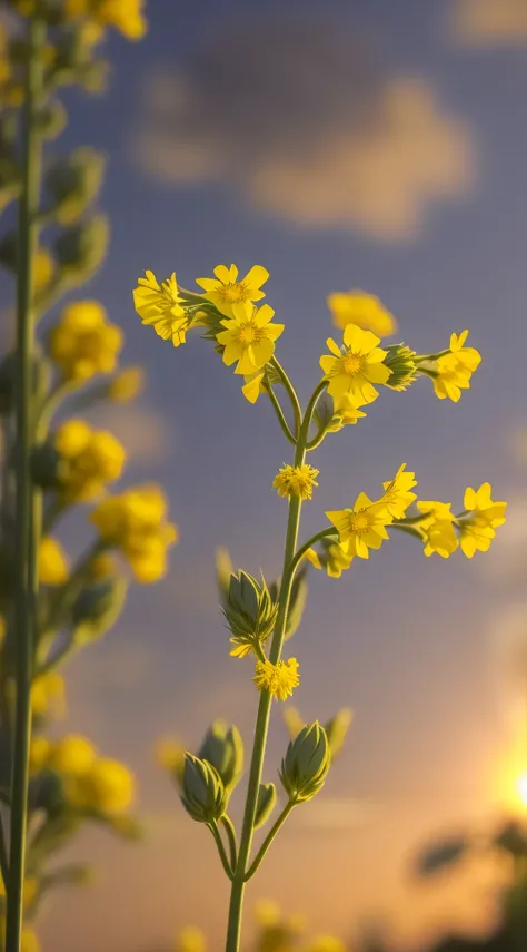 A canola flower，A close-up of rapeseed flowers，Swinging in the wind HD quality，flower，imagine，sunset background