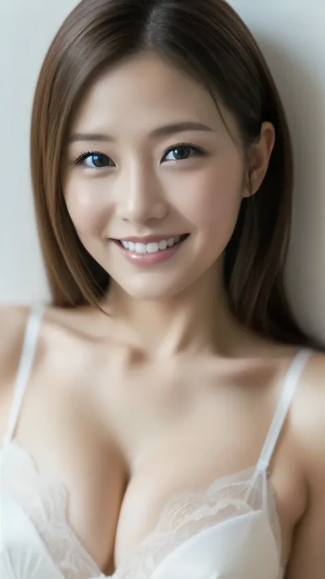 ((1 person))，hostess face、smile、30 years old、married woman、straight hair，white bra、white panties，high quality、Super realistic、married womanの体型、日本人のmarried woman、 perfect eyes、Shining beautiful skin、white wall，shoot from above