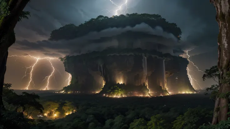 Design an image depicting an intense night storm scene over an ancient rainforest. The sky above is a canvas of chaotic beauty, with lightning bolts illuminating the dense canopy below. Each flash reveals the rich, wet leaves of towering trees and the intr...