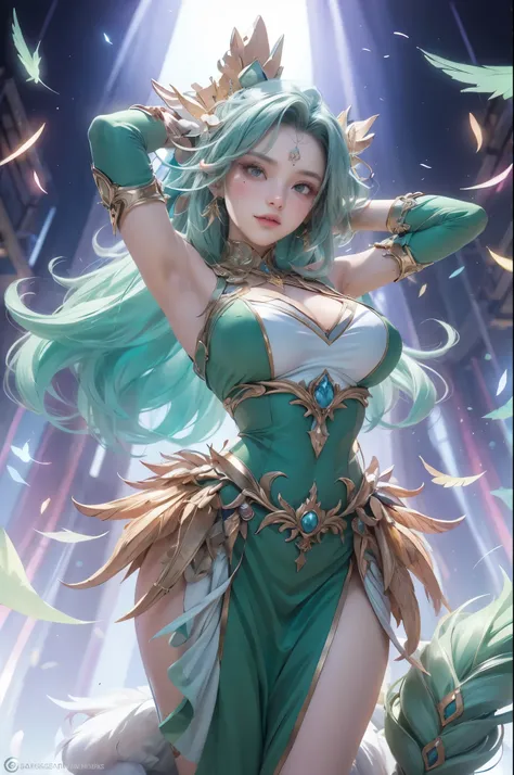 un primer plano de una mujer con un vestido verde y una corona en la cabeza, extremely detailed germen de arte, ! dream germen de arte, retrato, caballeros del zodiaco, , germen de arte on artstation pixiv, style germen de arte, germen de arte lau, diosa d...