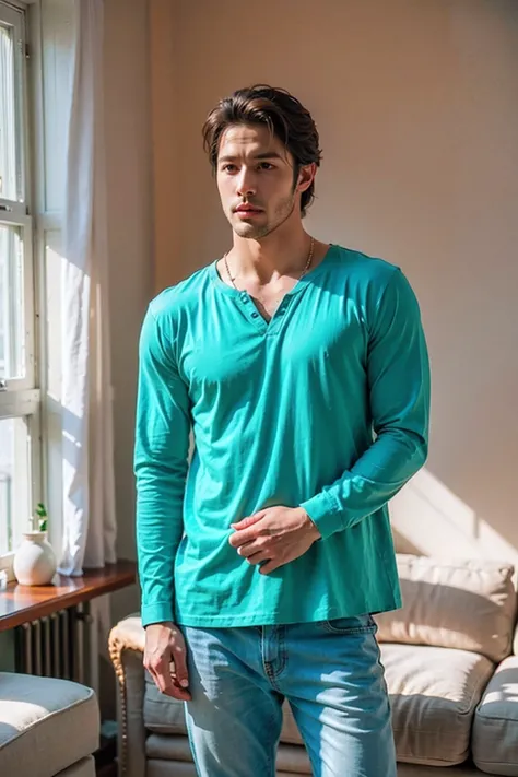 Realistic photography, handsome man ,loose green shirt ,stand , living room,Embossed