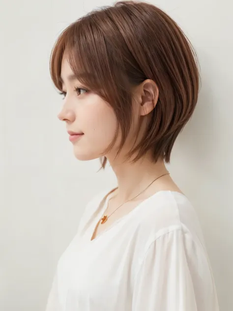 ((white long sleeve blouse))、(背景にwhite wall、pink brown hair color:1.4)、white wall、taken in front of the white door、(窓のあるwhite wa...