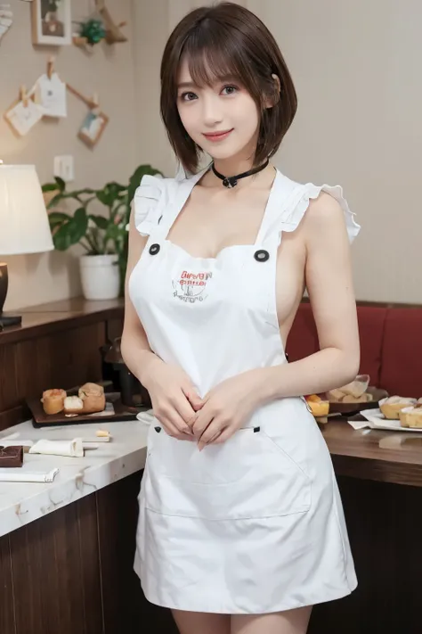 bright lighting, A girl smiling naked in an apron,  (highest quality, masterpiece: 1.2)，big breasts、((black choker))、blue eyes, perfect makeup、((bangedium bob hair、shiny hair、beautiful posture, very long and fluffy eyelashes、 crazy for you、First-class hote...