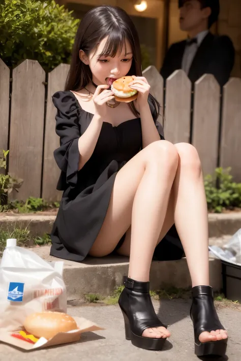 ((best quality)), (detailed), visage parfait, woman dressed in evening dress eats a hamburger with great desire. The hamburger is bitten with his mouth. Sale. Trash and trash cans around her. Elle mange sur une poubelle. En exterieur. En pleine nuit.