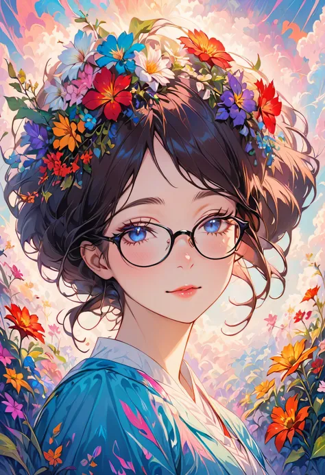 (psychedelic art:1.5), (from below:1.2), complicated clothes, Upper body, eyes closed,a teacher, wear glasses, （There are dozens of flowers around：1.4）, Upper body lens，(happy:1.2)