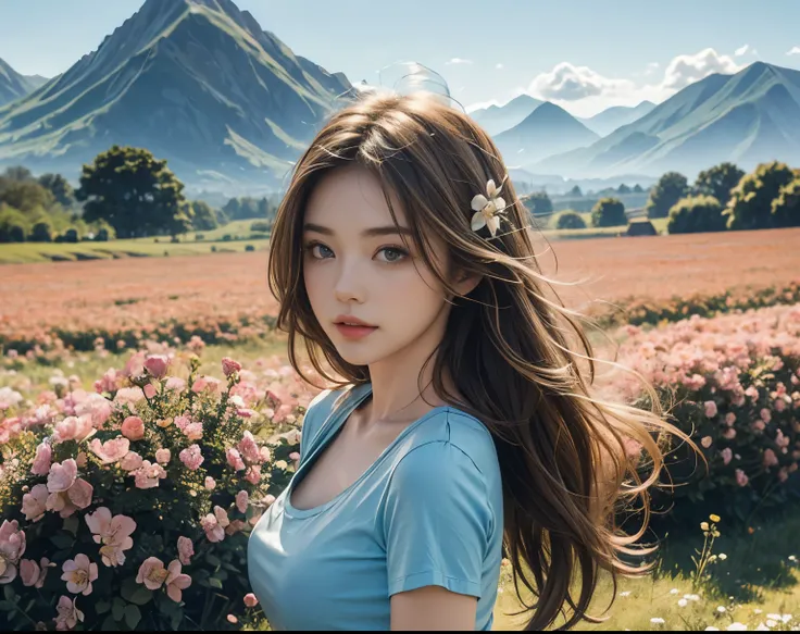 High details (loose), ideal tits, blonde highlights hair coloured,  fitted blue t-shirts, stunningly beautiful, flower field mountain summer background, half body portrait