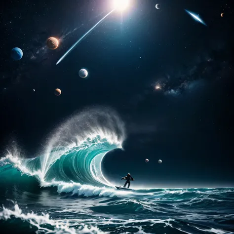 cinematic photography of perfect real waves in the middle of outer space. conceptual, Artistic Image