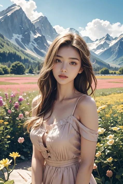 Bare shoulders, High details (loose), ideal tits, blonde highlights hair coloured, gold pink shirts, stunningly beautiful, flower field mountain summer background, half body portrait