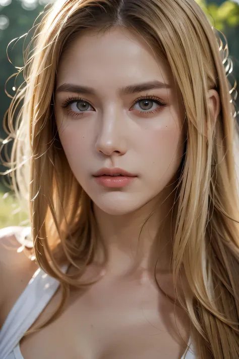 one woman, unparalleled beauty, Also々very stern look, long blonde hair, muscular body, (Tattered short white clothes), Amazons, wilderness background, looking at us with sharp eyes, Huge, exposed skin, thighs, Pose with movement, ((close up of face))