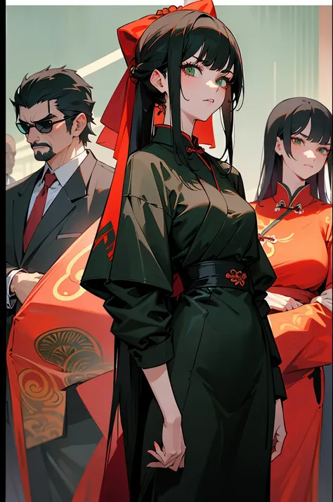 menacing and imposing mafia boss women with small breasts; (2 girls with straight black hair and green eyes standing back to back in black chinese dress with eastern tattoos; one girl wearing red sunglasses while the other does not); ((standing with a crow...