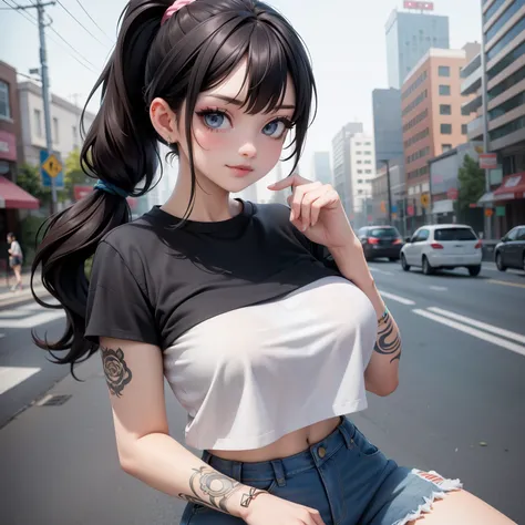 Woman, One, 18 Years old, Korean, Fat, Pale skin, Piercing, Colored tattoos, Modern tattoos, Large breasts, Big breasts, Rounded breasts, Thick thighs, Seductive smirk, Makeup, Cute face, Brunette hair, Ponytail, Bangs, Cotton shorts, Tight top, Intricate ...