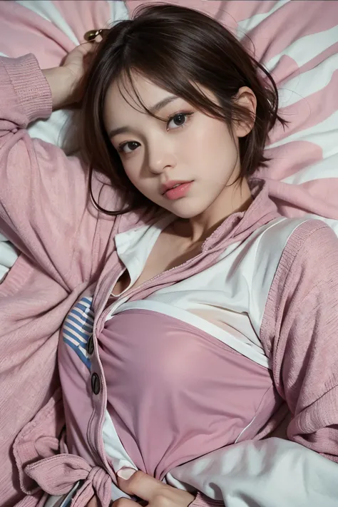 cute 21 year old japanese、night、on the bed、sweat pajamas、Cute colorful pajamas、super detailed face、An eye for detail、double eyelid、beautiful thin nose、sharp focus:1.2、Beauty:1.4、(light brown hair、short cut hair、white skin、highest quality、masterpiece、ultra ...