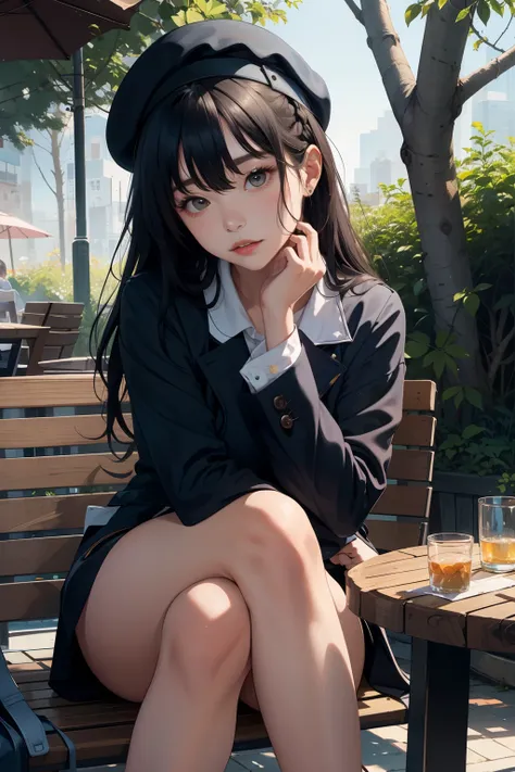 girl sitting at an outdoor table with a beret on her head with her hand resting on her chin with her legs crossed