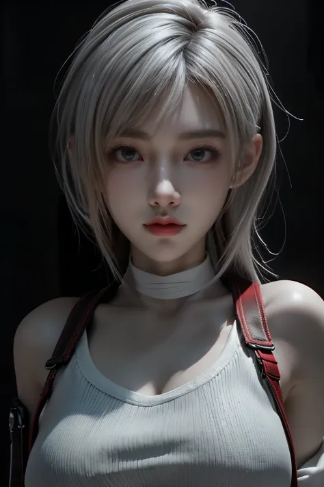 Masterpiece,Game art,The best picture quality,Highest resolution,8K,(A bust photograph),(Portrait),(Head close-up),(Rule of thirds),Unreal Engine 5 rendering works,
20 year old girl,Short hair details,With long bangs,(white hair),red eyes,Elegant and elega...