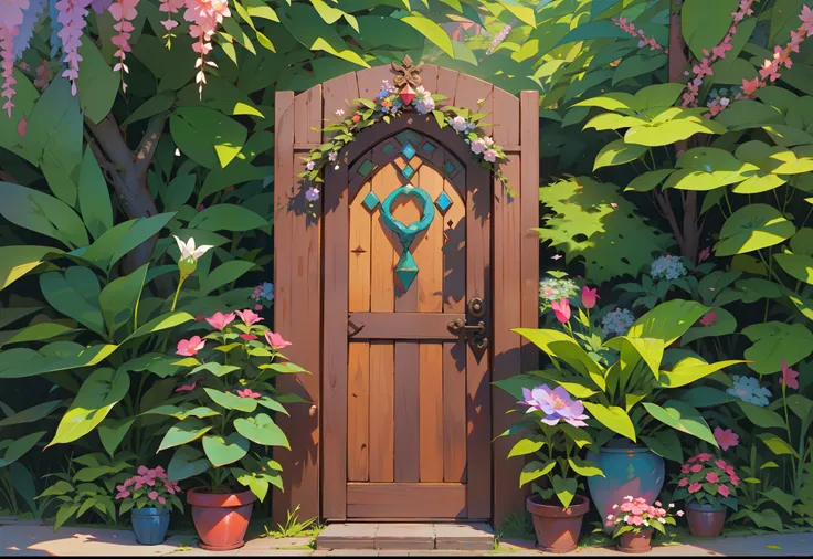 一扇wooden door，Surrounded by flowers and potted plants, Might & Magic, wooden door, secret entrance, cute style garden, magical scene, Shanzhai Core!!, High decoration, Shanzhai Core, Wonderland Portal, garden background, romantic greenery, magical portal g...