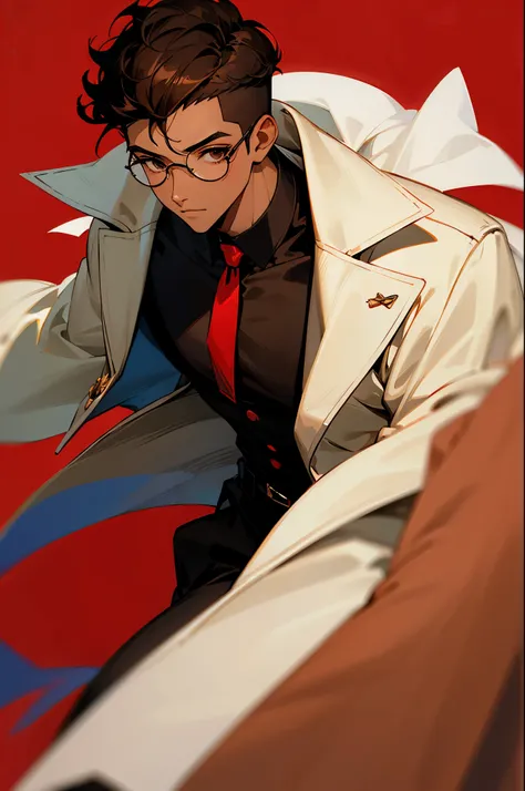 1boy, dark skin, short curly hair, shaved side, coat, brown eye, red background, glasses
