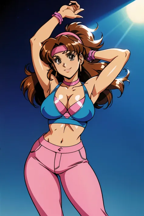 pretty girl from an 80s anime, 80s anime fog, static like from an 80s anime, 1980s (style), straight hair, medium hair, smiling, action anime, dancing, arms out, bandana, headband, round sunglasses, disco outfit, flowing loose flare pants, halter top colla...