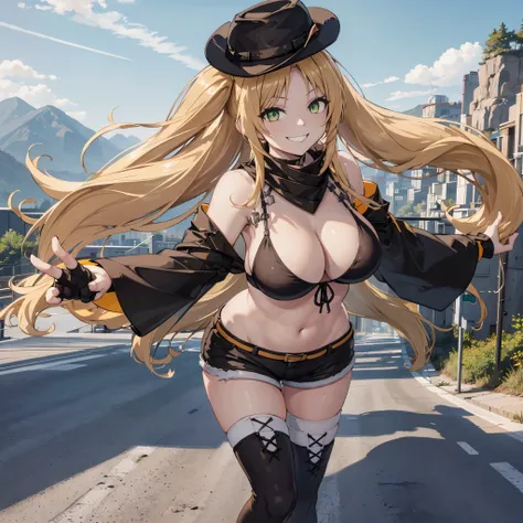 A woman with a black sleeveless shirt, with her belly exposed, short black shorts, long blonde hair, green eyes, black hat, smiling, big breasts, on a concrete road, with a rock mountain in the background, at sunset, 8k, maximum quality, work of art.
