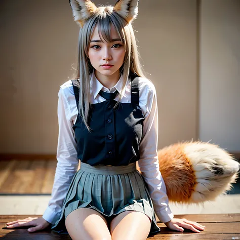 Girl with a furry tail , Fox tail, tail, collared shirt,table top, 最high quality, figure, Ultra-detailed, finedetail, High resolution, 8k wallpaper, 完璧なダイナミックな構figure, Beautiful detailed eyes,Full body shot，Show me your whole body、thin and transparent、long...