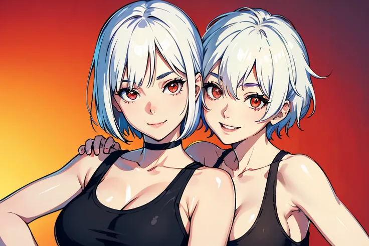 best quality, realistic:1.37, ultra-detailed, an anime girl in the summer, white hair, short hair, tomboy hair, red eyes, detailed eyes, beautiful, smile, laugh, bright smile, charming, black tank top, large breasts