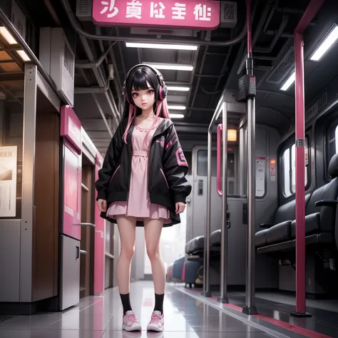 Woman, One, 18 Years old, Japanese, Skinny, Pale skin, Cute face, Ombre, Black hair, Pink hair, Long hair, Headphones, Dress, Intricate clothes, Full body, Standing, Train, Cinematic light, Realism, Masterpiece