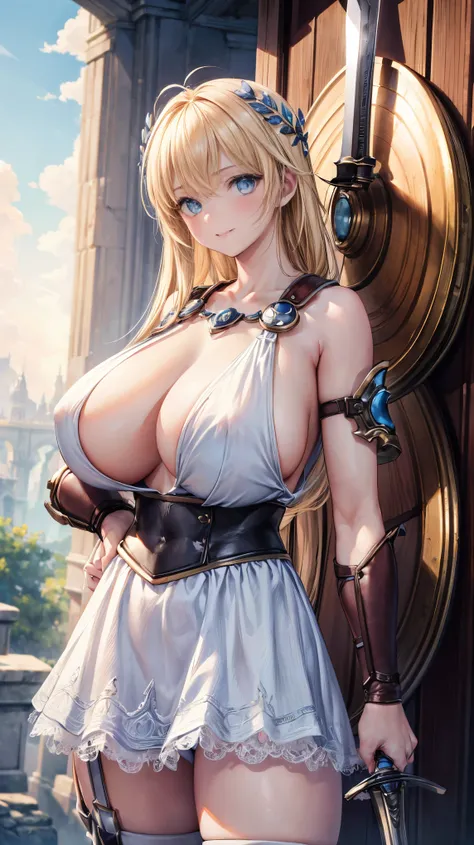 ultra-detailed、master piece、masterpiece、sensual, long blonde hair, thick thighs, 8K, 4k, highest quality, (High resolution:1.6), cute anime face, noise reduction, (shining blue eyes, gentle smile:1.5, kind eyeaster piece)、toned abdominal muscles, muscular ...