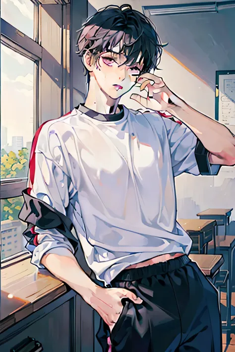 (highest quality, High resolution, masterpiece:1.2),1 Chico/male/merchandise, [18-year-old], [adolescent], [abnormal body], black hair, purple eyes, sleep in the classroom, Clothes: at the top「Bando」style t-shirt. Pair with cycle pants, tracksuit (In other...