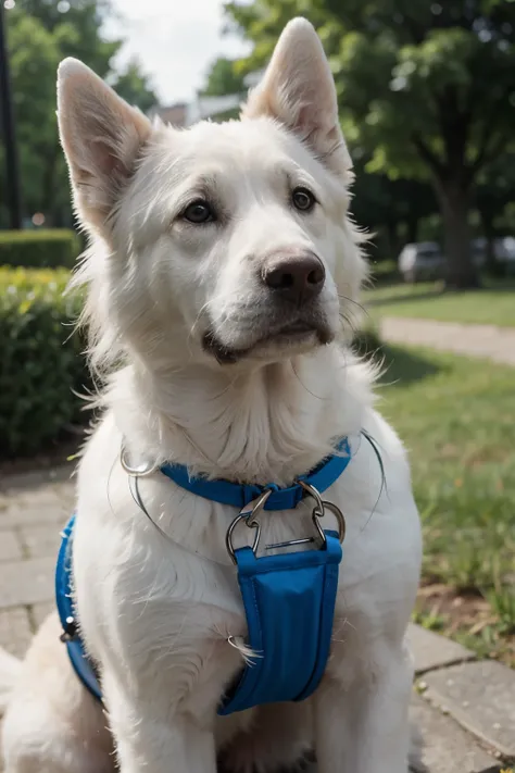 furry white german shepherd with blue harness 