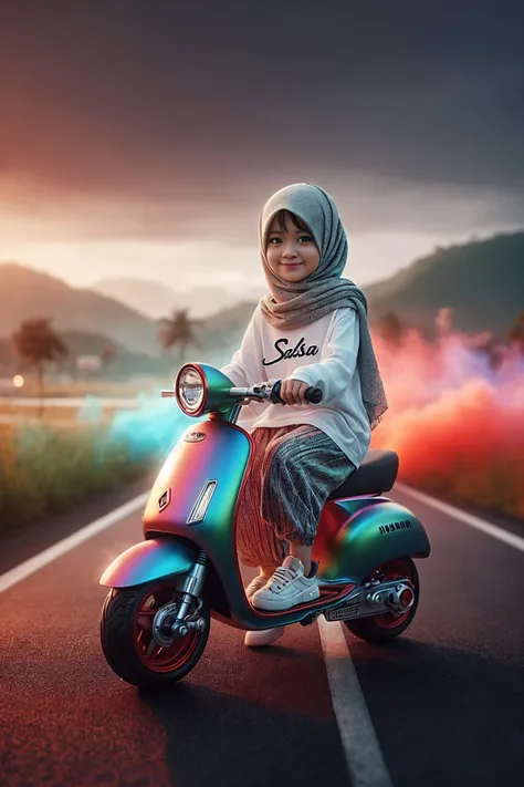 arafed woman riding a scooter on a road with a colorful smoke trail, with beautiful colors, realistic colorful photography, colo...