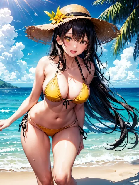 highest quality、complete limbs、one beautiful woman、(black haired woman:1.3)、long hair woman、beautiful big breasted woman、big smile、(woman wearing a yellow bikini:1.3)、Ocean、resort area、beach、beautiful light blue water surface