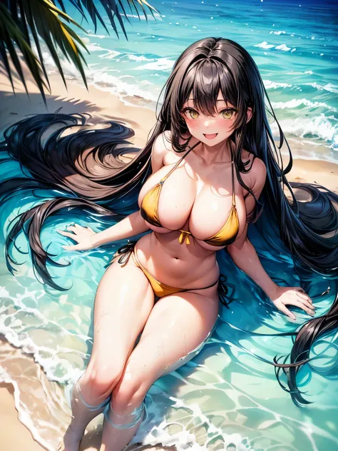 highest quality、complete limbs、one beautiful woman、(black haired woman:1.3)、long hair woman、beautiful big breasted woman、big smile、(woman wearing a yellow bikini:1.3)、Ocean、resort area、beach、beautiful light blue water surface