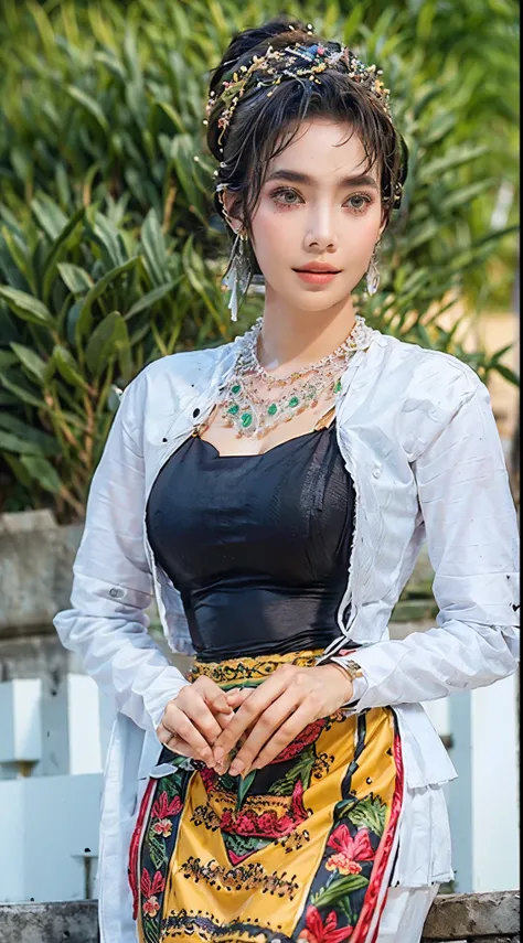 (best quality,4k,8k,highres,masterpiece:1.2),ultra-detailed,(realistic,photorealistic,photo-realistic:1.37),traditional dress,beautiful detailed green eyes,beautiful detailed lips,extremely detailed green eyes and face,long eyelashes,Burmese patterned dres...