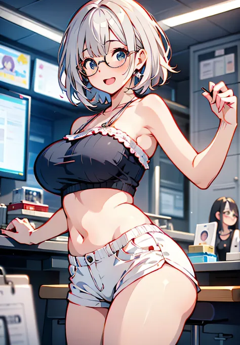 Erotic Anime Illustration、best image quality、A plump high school girl who seduces herself at a game center、Jeanne D&#39;Aak、perfect proportions、Tube top、round glasses、Overwhelming big breasts that go beyond common sense、thick legs with fat、cowboy shot、ecst...