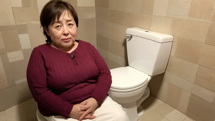 realistic face、((High resolution))、High level image quality、high detail、masterpiece、realistic skin,、rough skin、(anatomically correct)、1 person、(((Sitting on the toilet seat、holding your stomach_stomach ache)))、((Japanese 58 year old female obese ))、((expre...