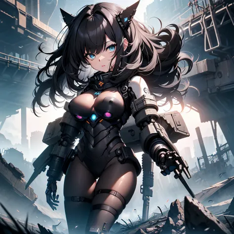 top-quality、Top image quality、​masterpiece、Mecha Girl((18year old、Black and gray mechanical parts、Robot joints,Black tights,Bust 100、A dark-haired、Staring at the viewer、Breasts wide open,Large valleys、、Blue Eye、Dye cheeks、fighting poses)）hiquality、depth of...